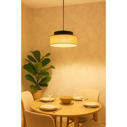 Ljuskrona med textilsladd BOHO 1xE27/60W/230V diameter 40 cm svart/beige