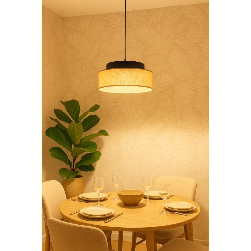 Ljuskrona med textilsladd BOHO 1xE27/60W/230V diameter 40 cm svart/beige