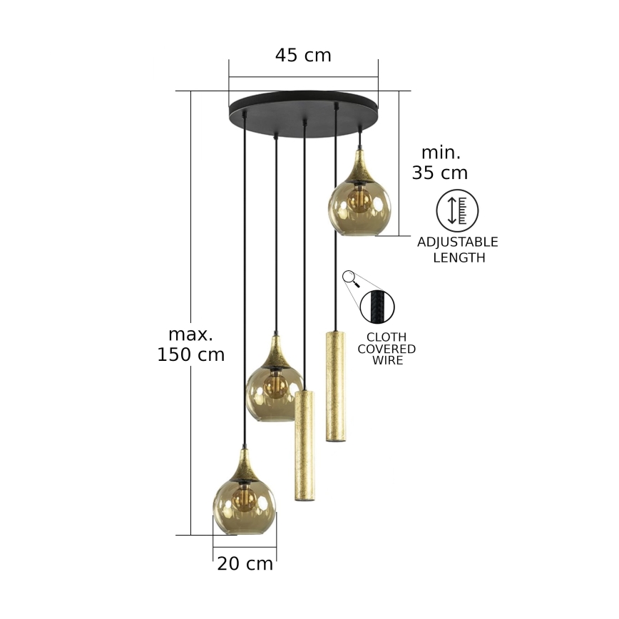 Ljuskrona med textilsladd CALYPSO 2xGU10/60W/230V + 3xE27/60W svart/guld