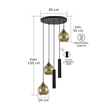 Ljuskrona med textilsladd CALYPSO 2xGU10/60W/230V + 3xE27/60W svart/guld