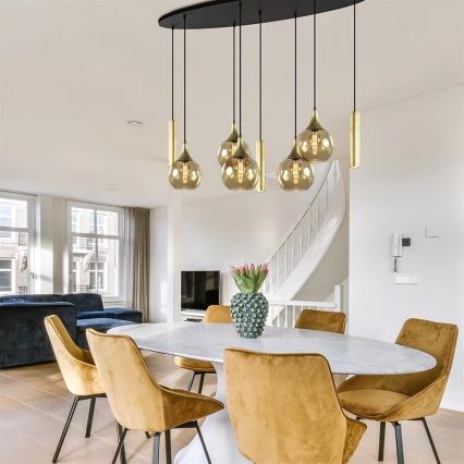Ljuskrona med textilsladd CALYPSO 3xGU10/60W/230V + 5xE27/60W svart/guld