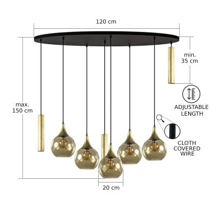 Ljuskrona med textilsladd CALYPSO 3xGU10/60W/230V + 5xE27/60W svart/guld