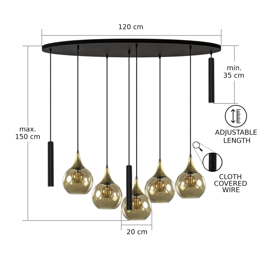 Ljuskrona med textilsladd CALYPSO 3xGU10/60W/230V + 5xE27/60W svart/guld
