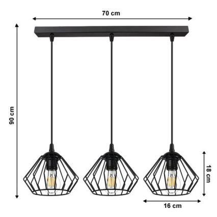 Ljuskrona med textilsladd CEED 3xE27/60W/230V svart