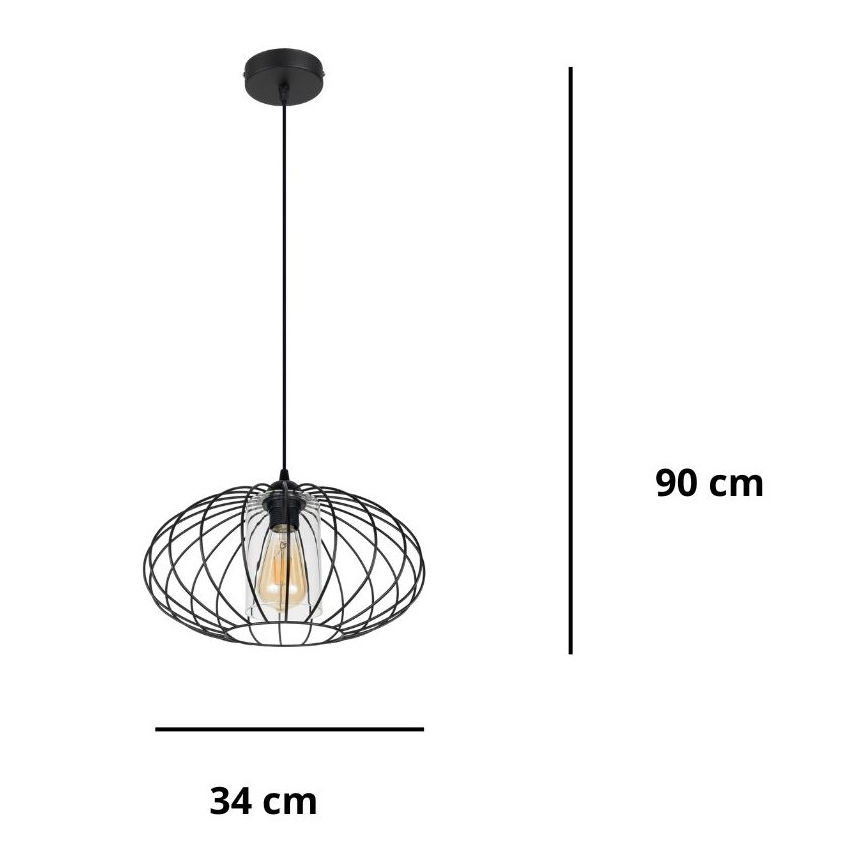 Ljuskrona med textilsladd CORRINI 1xE27/60W/230V diameter 34 cm svart/genomskinlig
