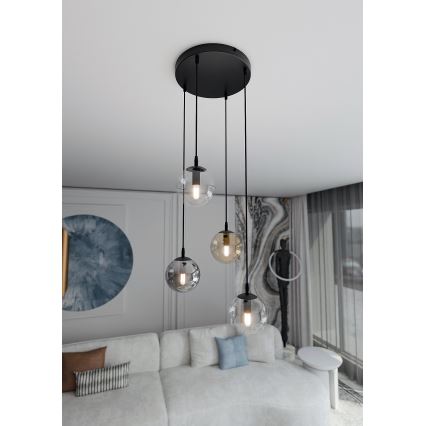 Ljuskrona med textilsladd COSMO 4xE14/10W/230V diameter 40 cm svart/grå/beige/genomskinlig