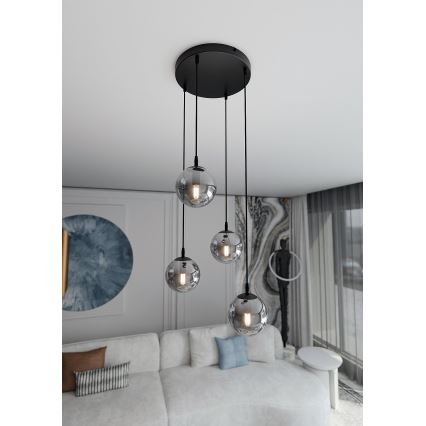 Ljuskrona med textilsladd COSMO 4xE14/10W/230V diameter 40 cm svart/grå
