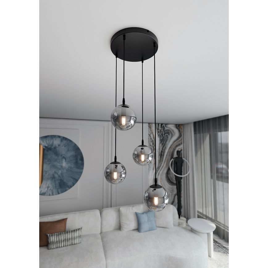 Ljuskrona med textilsladd COSMO 4xE14/10W/230V diameter 40 cm svart/grå