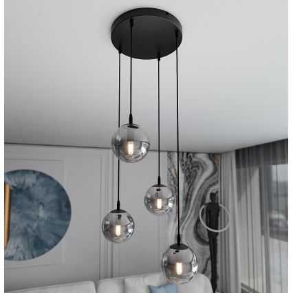 Ljuskrona med textilsladd COSMO 4xE14/10W/230V diameter 40 cm svart/grå