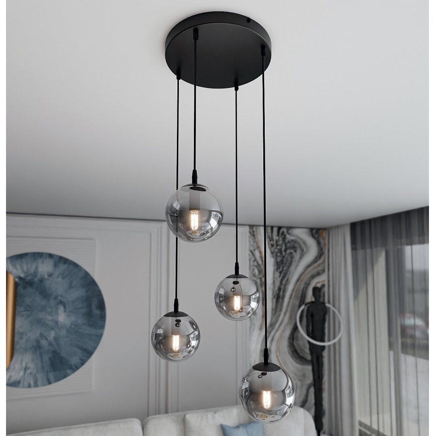 Ljuskrona med textilsladd COSMO 4xE14/10W/230V diameter 40 cm svart/grå