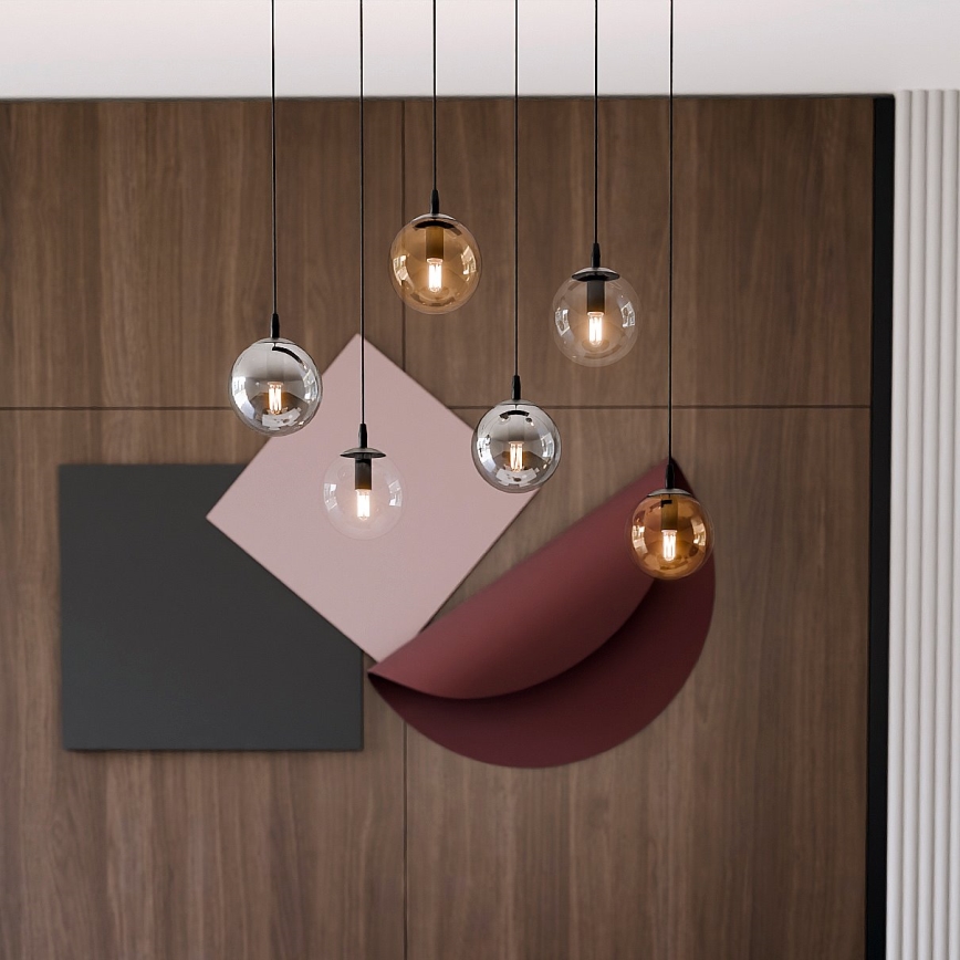 Ljuskrona med textilsladd COSMO 6xE14/10W/230V svart/grå/beige/genomskinlig