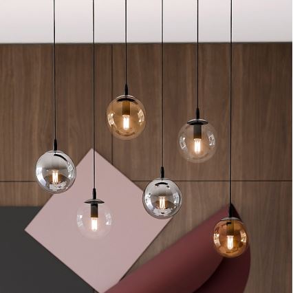Ljuskrona med textilsladd COSMO 6xE14/10W/230V svart/grå/beige/genomskinlig