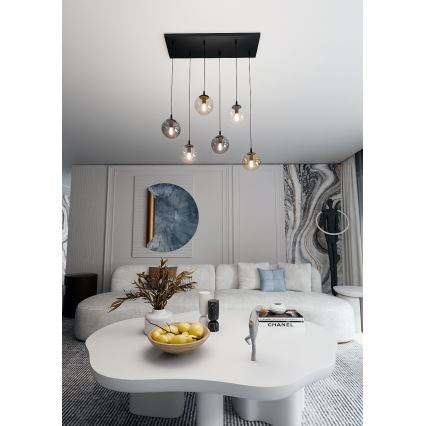 Ljuskrona med textilsladd COSMO 6xE14/10W/230V svart/grå/beige/genomskinlig