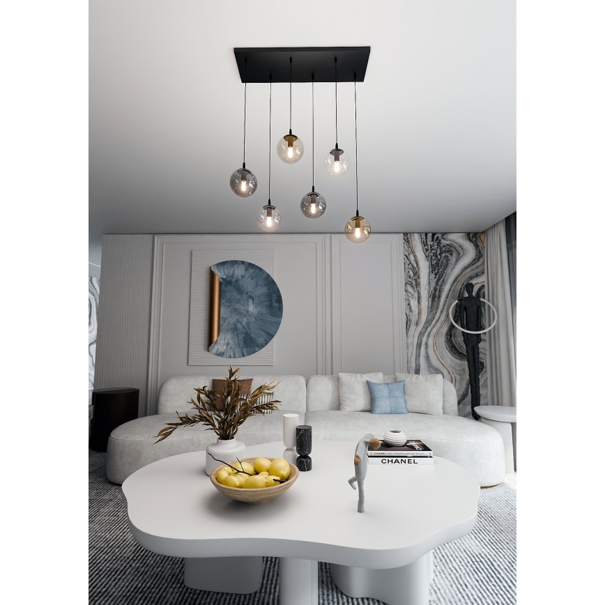 Ljuskrona med textilsladd COSMO 6xE14/10W/230V svart/grå/beige/genomskinlig