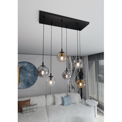 Ljuskrona med textilsladd COSMO 6xE14/10W/230V svart/grå/beige/genomskinlig