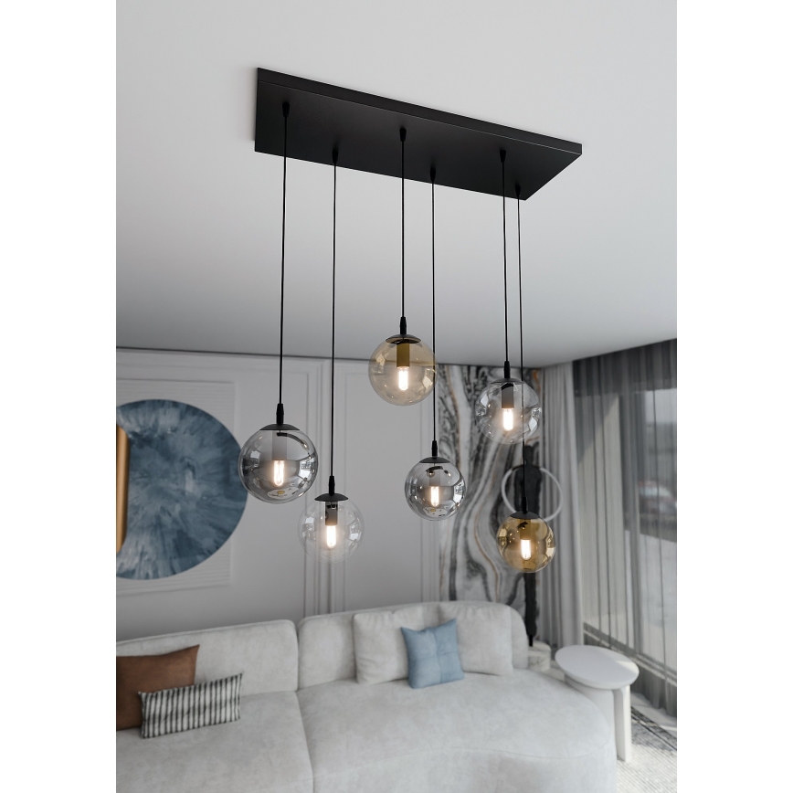 Ljuskrona med textilsladd COSMO 6xE14/10W/230V svart/grå/beige/genomskinlig