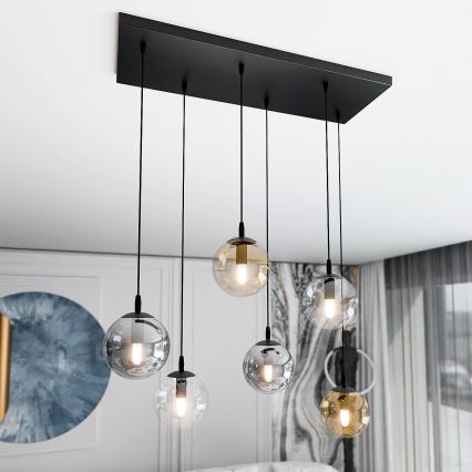 Ljuskrona med textilsladd COSMO 6xE14/10W/230V svart/grå/beige/genomskinlig
