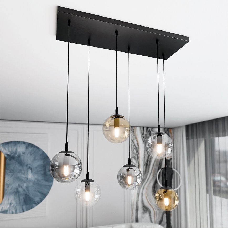 Ljuskrona med textilsladd COSMO 6xE14/10W/230V svart/grå/beige/genomskinlig