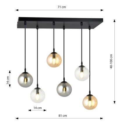 Ljuskrona med textilsladd COSMO 6xE14/10W/230V svart/grå/beige/genomskinlig