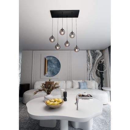 Ljuskrona med textilsladd COSMO 6xE14/10W/230V svart/grå