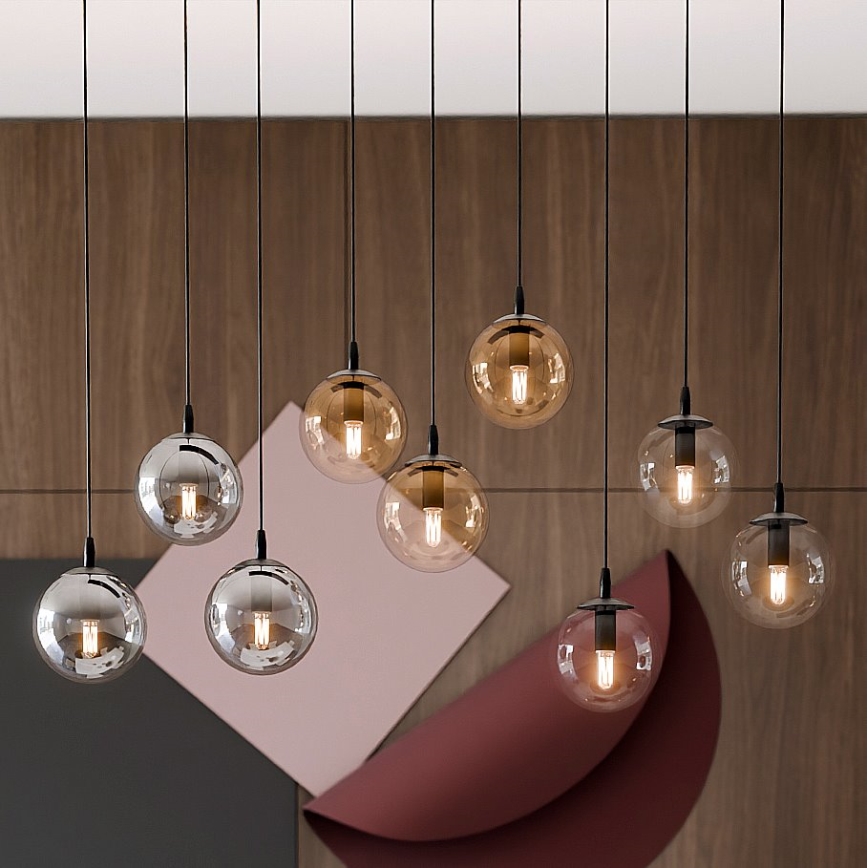 Ljuskrona med textilsladd COSMO 9xE14/10W/230V svart/grå/beige/genomskinlig