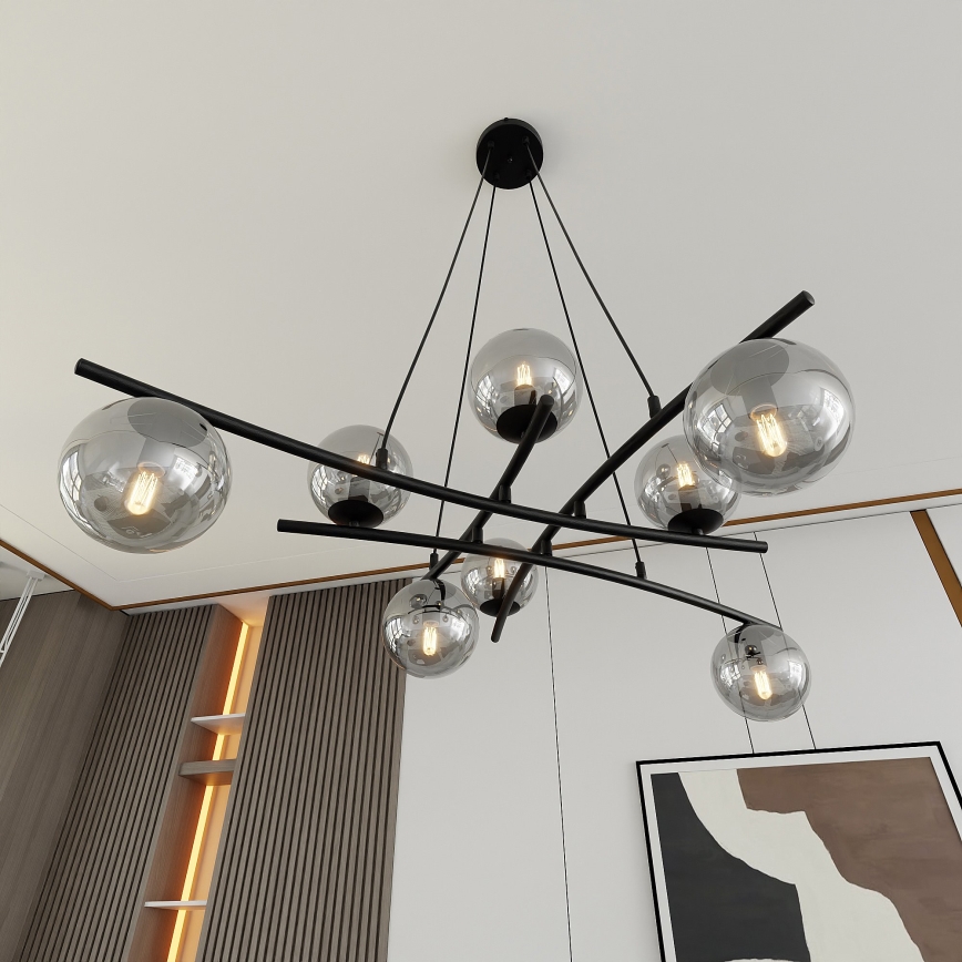 Ljuskrona med textilsladd ESSA 8xE14/10W/230V svart/rökig