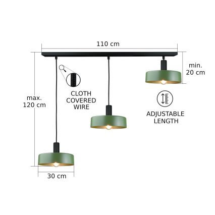 Ljuskrona med textilsladd HAKI 3xE27/60W/230V grön/svart
