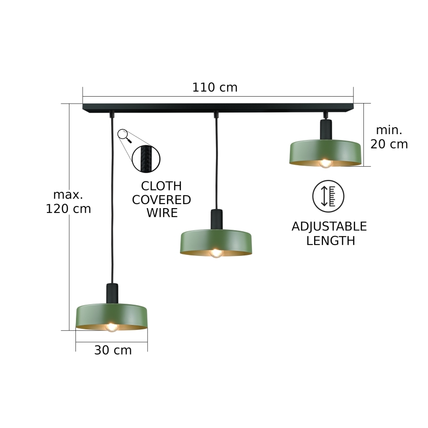 Ljuskrona med textilsladd HAKI 3xE27/60W/230V grön/svart
