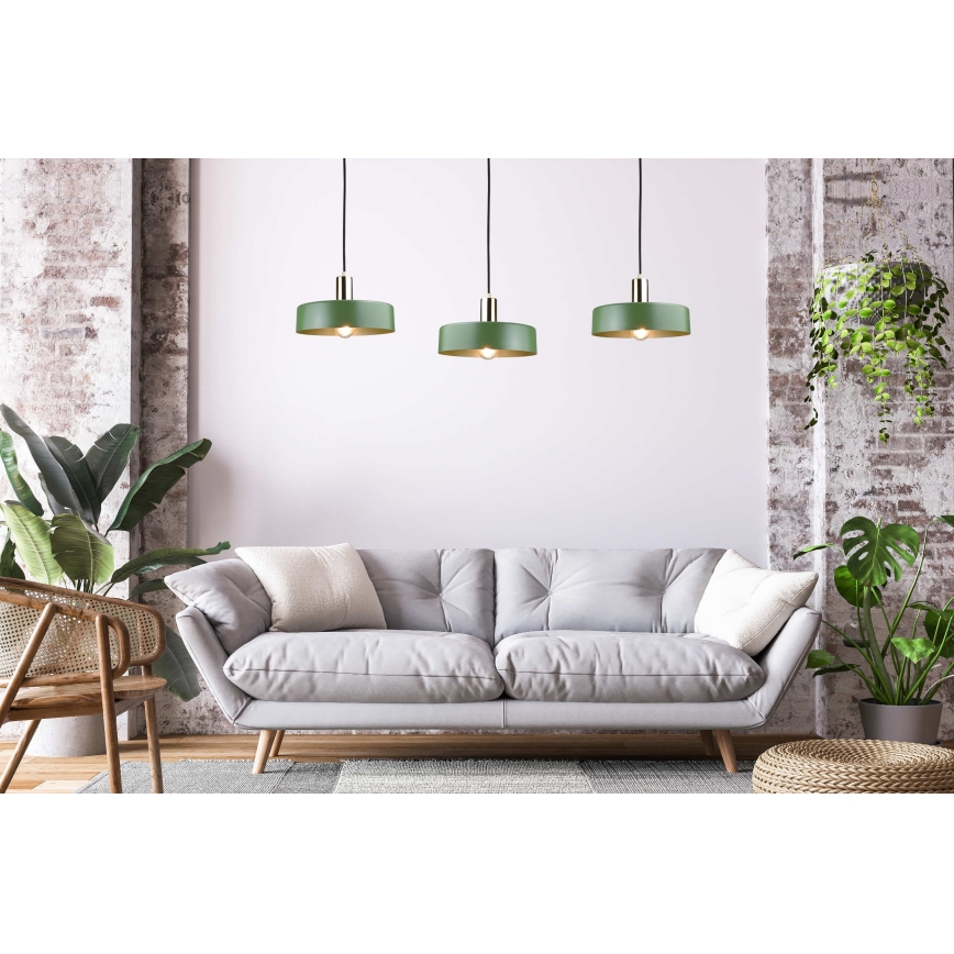 Ljuskrona med textilsladd HAKI 3xE27/60W/230V grön/svart/skinande krom