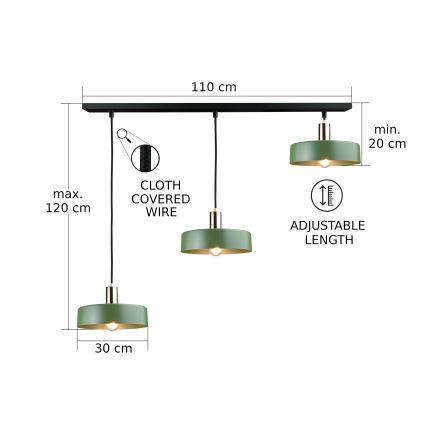 Ljuskrona med textilsladd HAKI 3xE27/60W/230V grön/svart/skinande krom