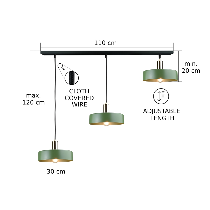 Ljuskrona med textilsladd HAKI 3xE27/60W/230V grön/svart/skinande krom