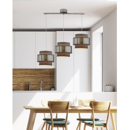 Ljuskrona med textilsladd HARE 3xE27/60W/230V grå/matt krom