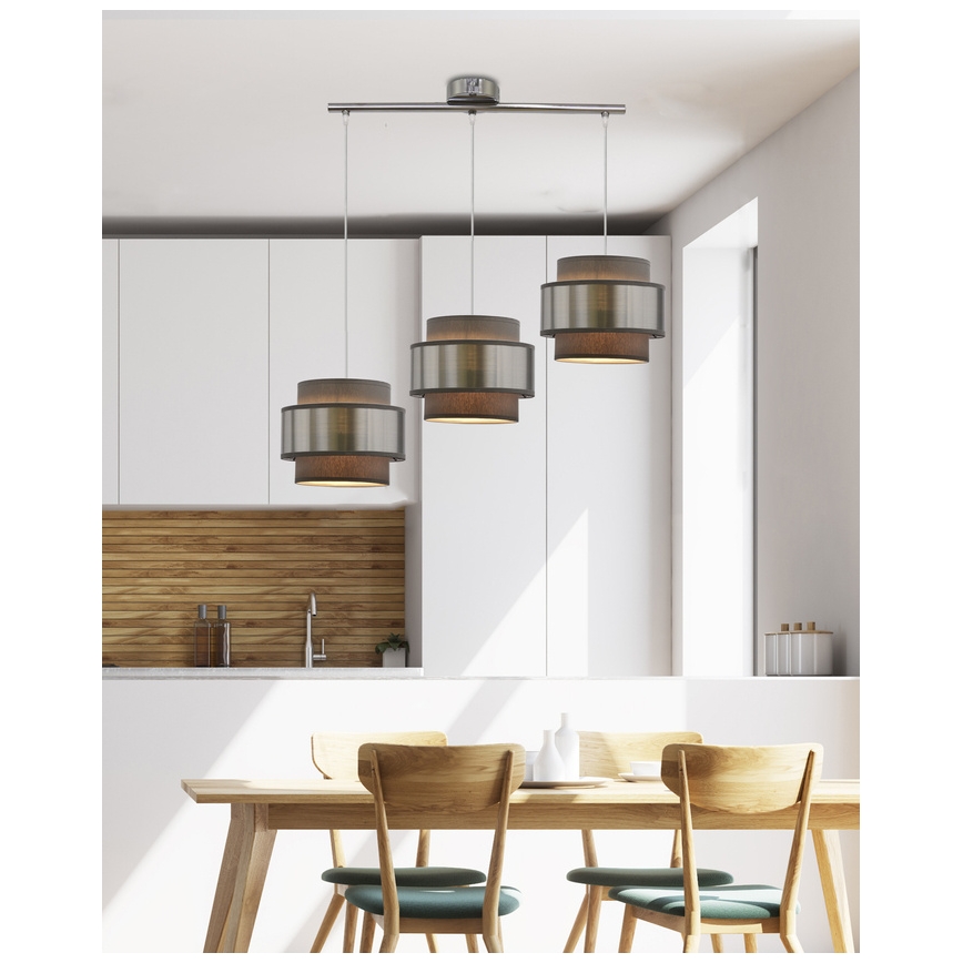 Ljuskrona med textilsladd HARE 3xE27/60W/230V grå/matt krom