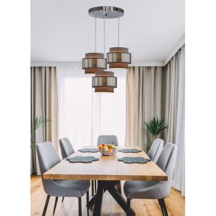 Ljuskrona med textilsladd HARE 3xE27/60W/230V grå/matt krom