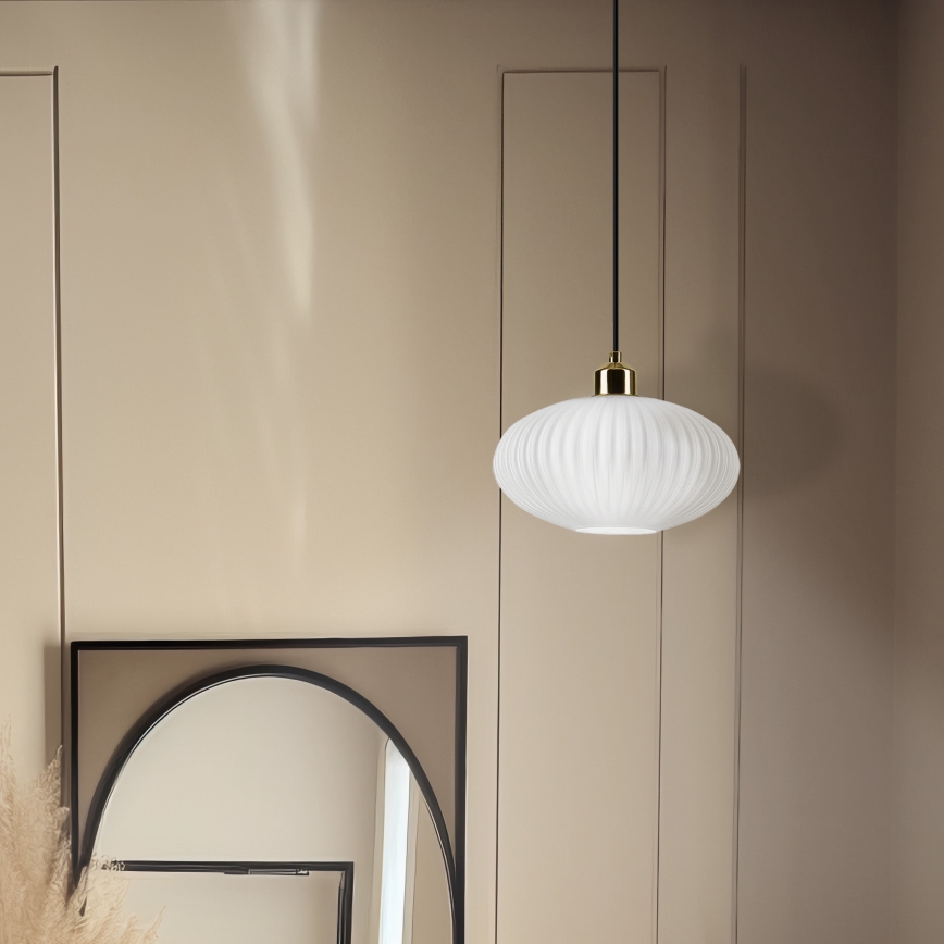 Ljuskrona med textilsladd HARMA 1xE27/15W/230V diameter 25 cm vit/guld
