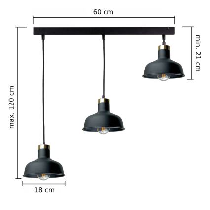 Ljuskrona med textilsladd HEBE 3xE27/60W/230V svart