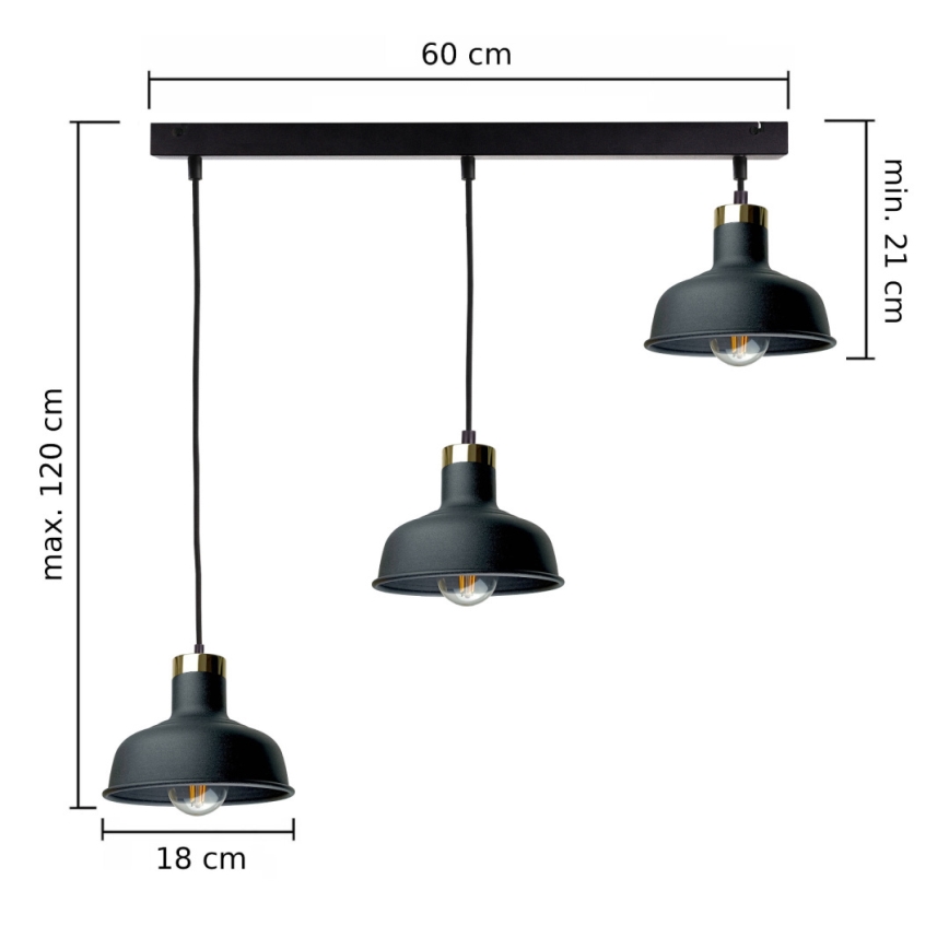 Ljuskrona med textilsladd HEBE 3xE27/60W/230V svart