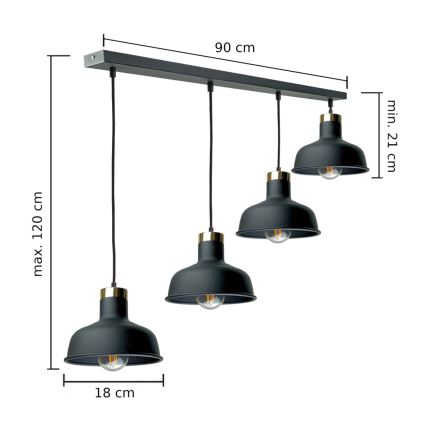 Ljuskrona med textilsladd HEBE 4xE27/60W/230V svart
