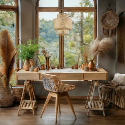 Ljuskrona med textilsladd HESTIA 1xE27/60W/230V diameter 30 cm bambu
