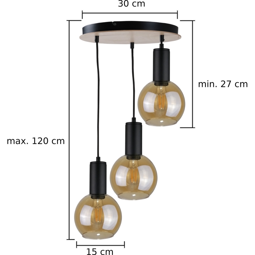 Ljuskrona med textilsladd JANTAR WOOD 3xE27/60W/230V diameter 30 cm