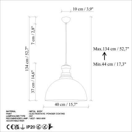 Ljuskrona med textilsladd KURE 1xE27/40W/230V diameter 40 cm grå