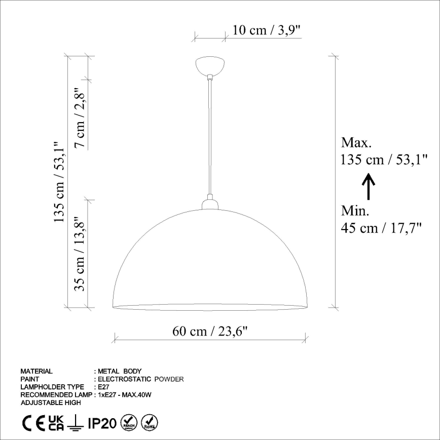 Ljuskrona med textilsladd KURE 1xE27/40W/230V diameter 60 cm grå