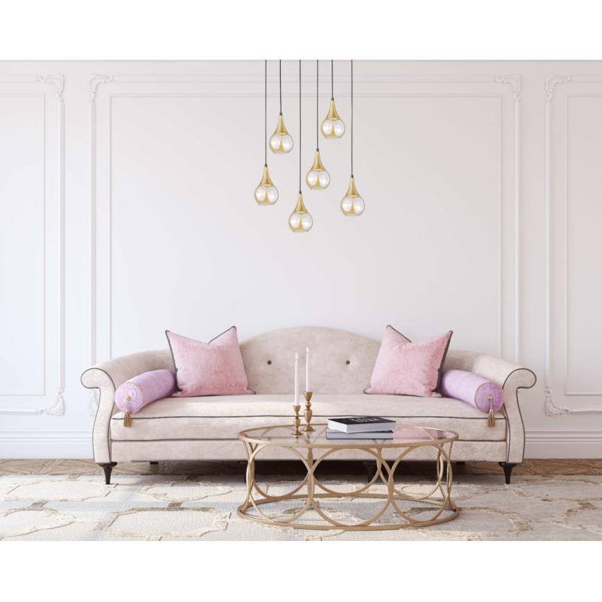 Ljuskrona med textilsladd LACRIMA HONEY 6xE27/60W/230V svart/guld/rökig beige