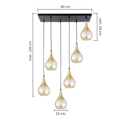 Ljuskrona med textilsladd LACRIMA HONEY 6xE27/60W/230V svart/guld/rökig beige