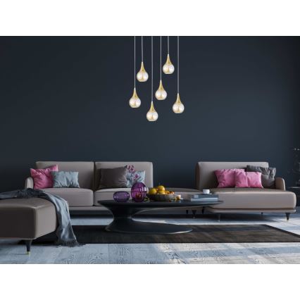 Ljuskrona med textilsladd LACRIMA HONEY 6xE27/60W/230V vit/guld/rökig beige