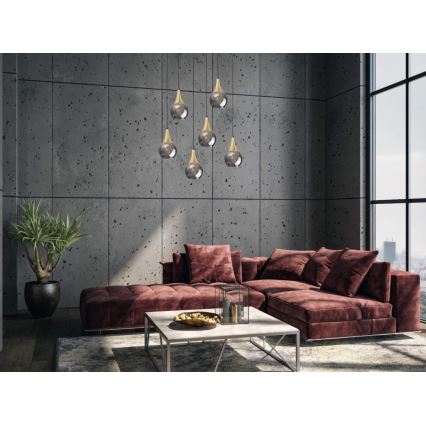Ljuskrona med textilsladd LACRIMA SMOKY 6xE27/60W/230V svart/guld/rökig svart