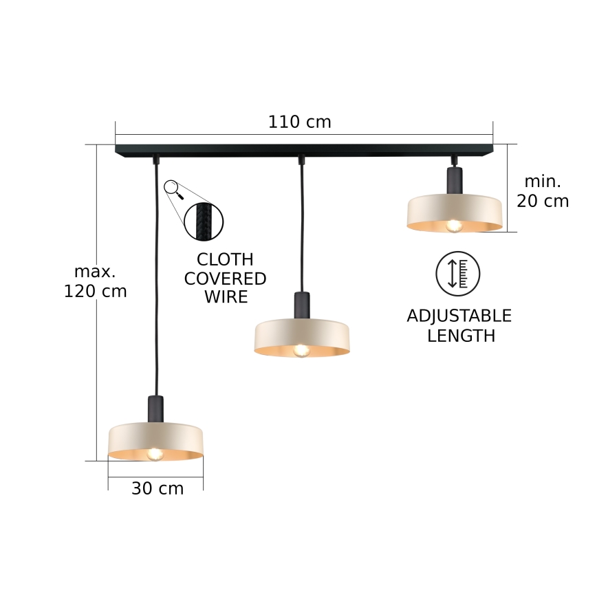 Ljuskrona med textilsladd LATTE 3xE27/60W/230V beige/svart