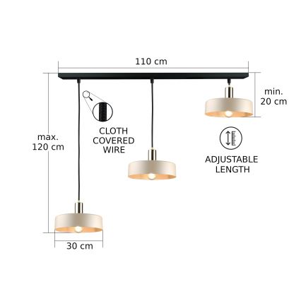 Ljuskrona med textilsladd LATTE 3xE27/60W/230V beige/svart/skinande krom