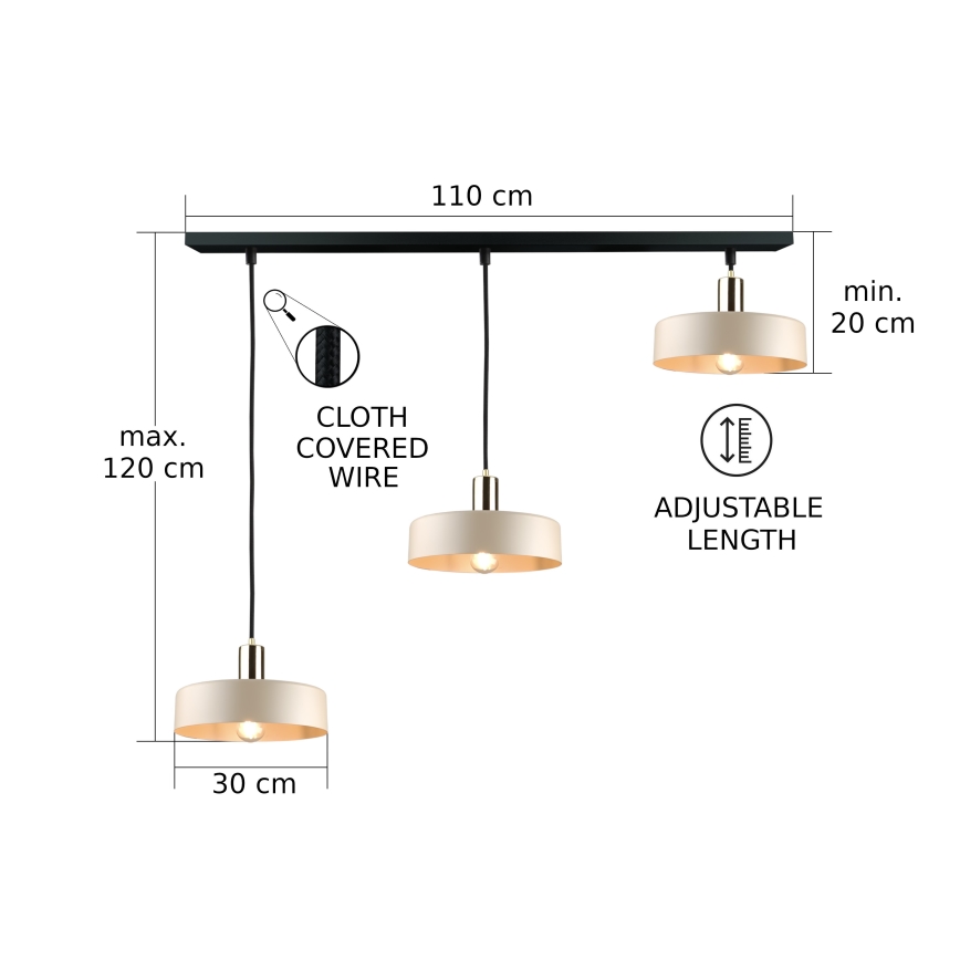 Ljuskrona med textilsladd LATTE 3xE27/60W/230V beige/svart/skinande krom