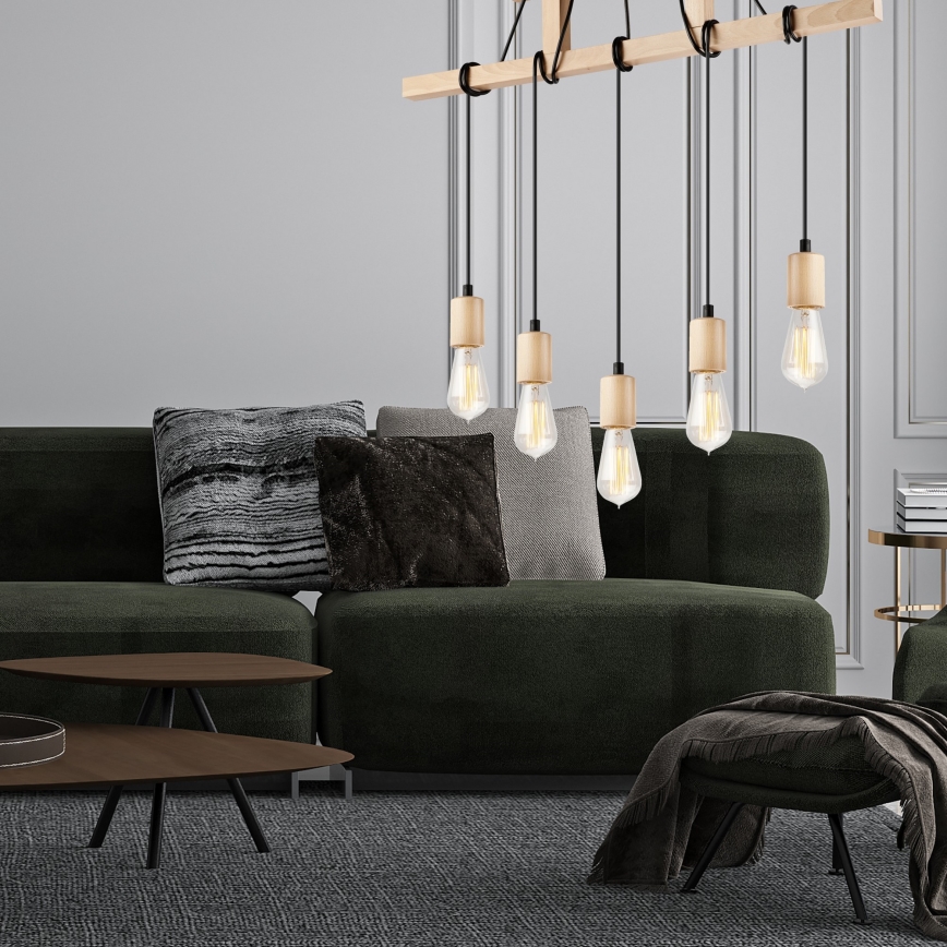 Ljuskrona med textilsladd LEON 5xE27/60W/230V bok - FSC certifierade